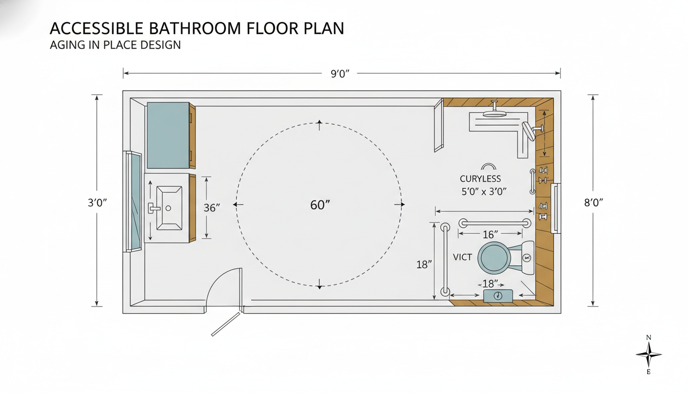 Floor plan layout of an accessible aging-in-place bathroom showing key dimensions and clearances
