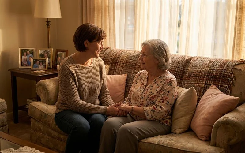 Adult daughter holding elderly mother's hands in supportive conversation about future care needs