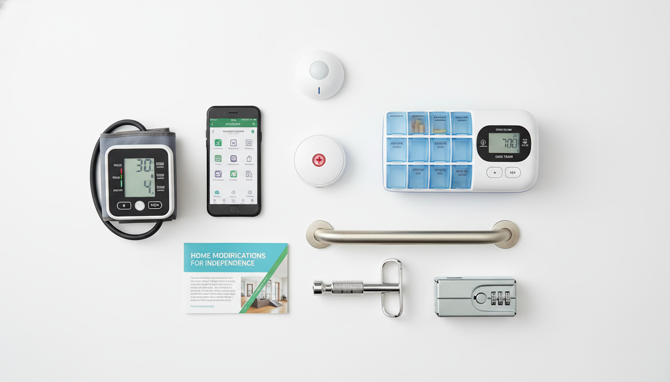 Flat lay overview of aging in place products including medical alert, smart devices, and safety equipment