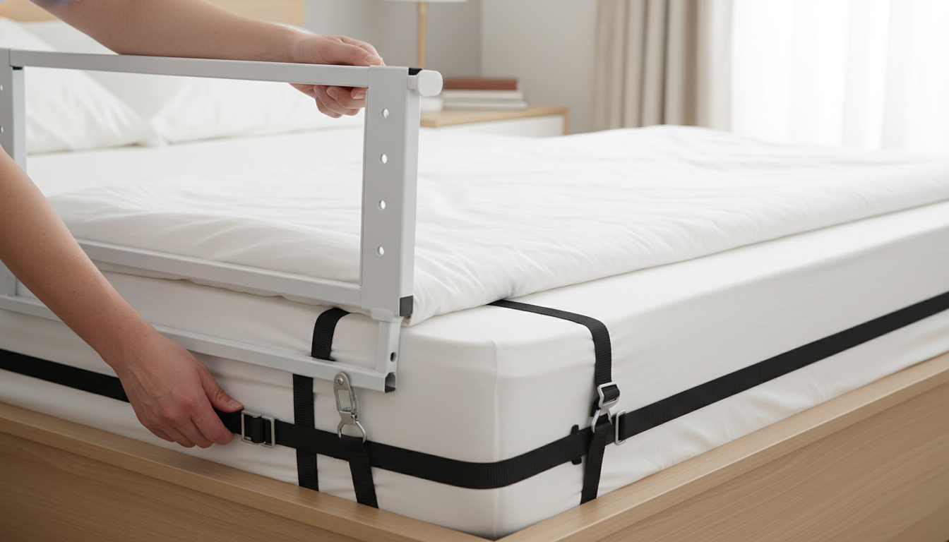 Close-up view of bed rail installation showing secure mounting between mattress and bed frame
