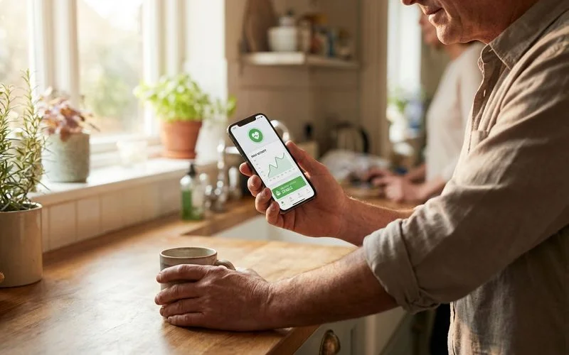 Caregiver checking smartphone app showing parent daily activity patterns with movement timeline and wellness alerts