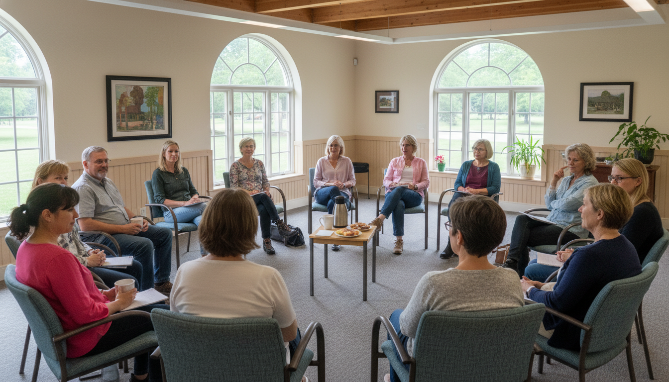 Caregiver support group meeting in a bright community center, diverse group of adults sitting in a circle sharing experiences and offering mutual support