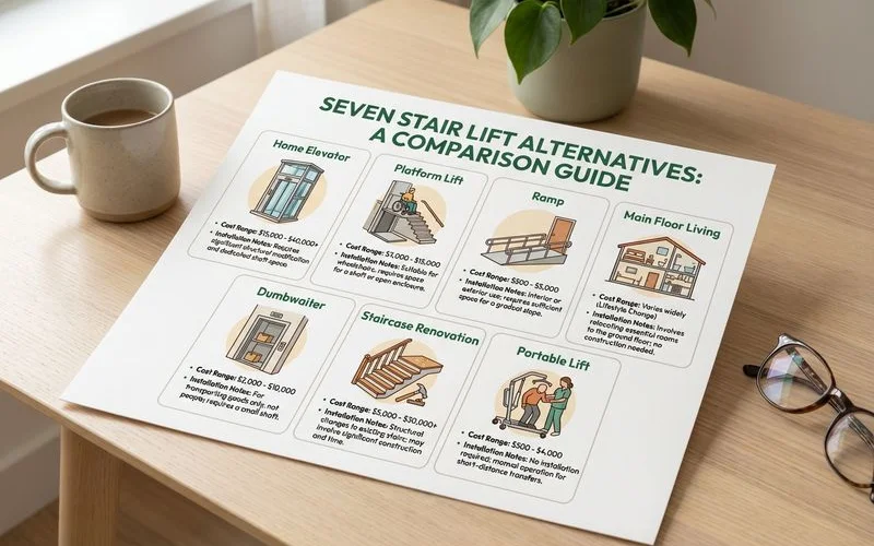 Comparison infographic of seven stair lift alternatives with cost ranges, installation needs, and best use cases