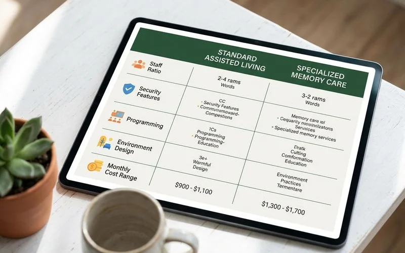 Comparison table showing differences between standard assisted living and specialized memory care by features and cost