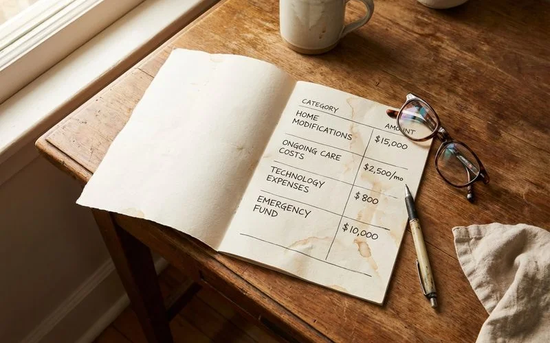 Budget worksheet showing categories for home modifications, ongoing care, technology, and emergency fund with sample numbers