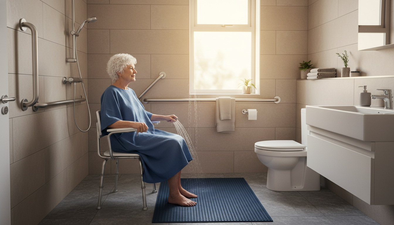 Elderly woman safely using bathroom grab bars and shower chair in an accessible bathroom