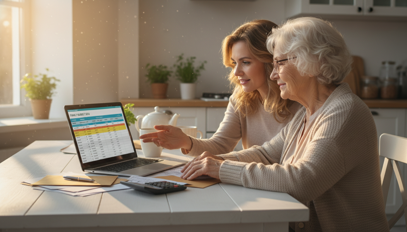 Adult daughter and elderly mother reviewing dementia care budget and financial documents at kitchen table