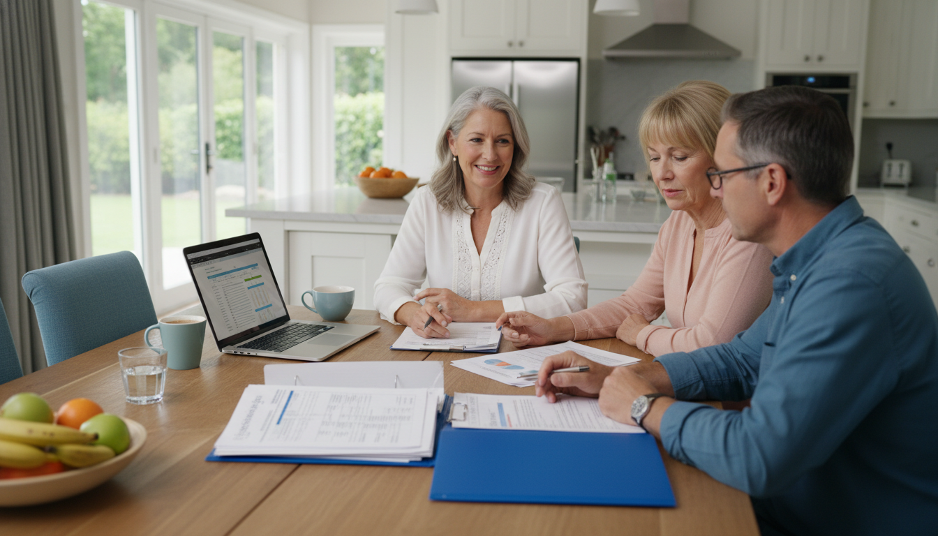 Professional geriatric care manager consulting with adult siblings about elderly parent care options, sitting around a kitchen table with documents
