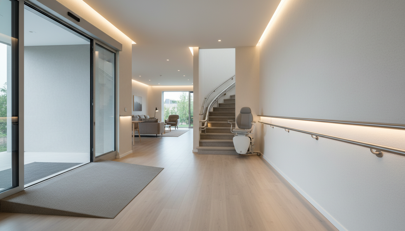 Home modifications for senior independent living including stairlift, grab rails, non-slip flooring, and accessible entrance with ramp