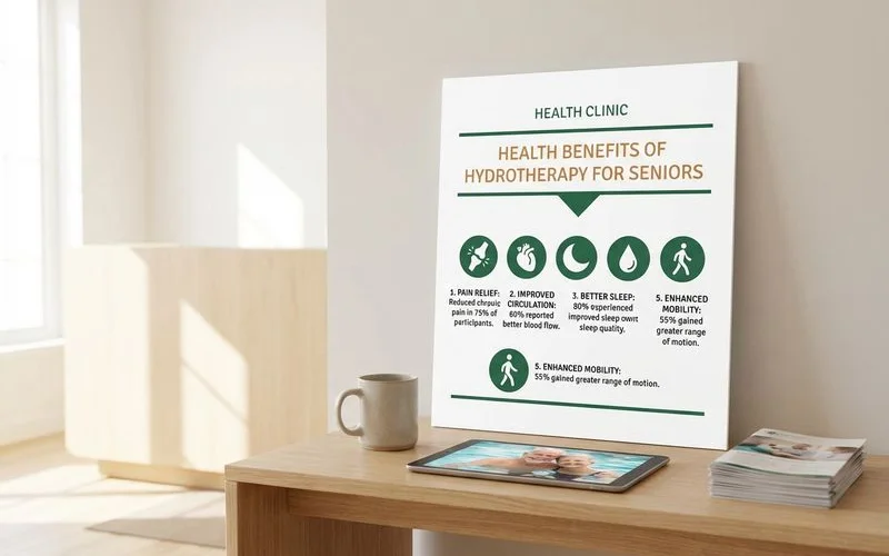 Infographic showing five evidence-based health benefits of hydrotherapy for seniors with research statistics