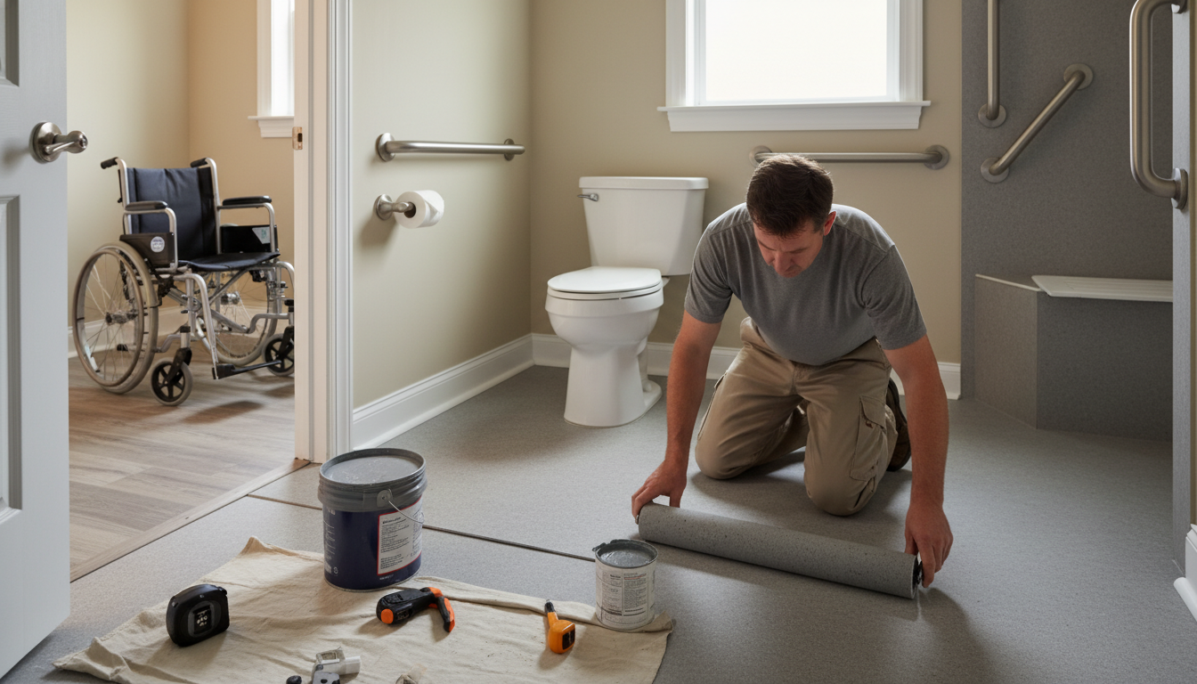 Professional installation of non-slip vinyl flooring in an accessible senior bathroom