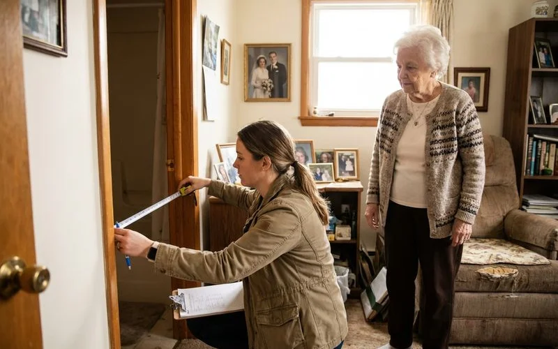 Occupational therapist evaluating senior patient home for medically necessary modifications taking notes on clipboard