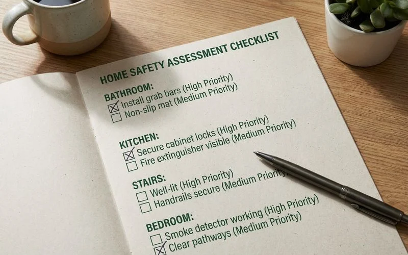 Printable home safety assessment checklist with room-by-room categories, checkboxes, and priority ratings