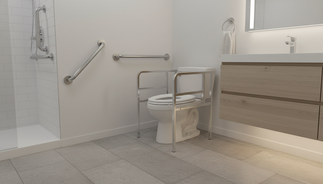 Senior-friendly bathroom safety features including chrome grab bars, non-slip flooring, and lever-style faucet handles installed in a modern bathroom