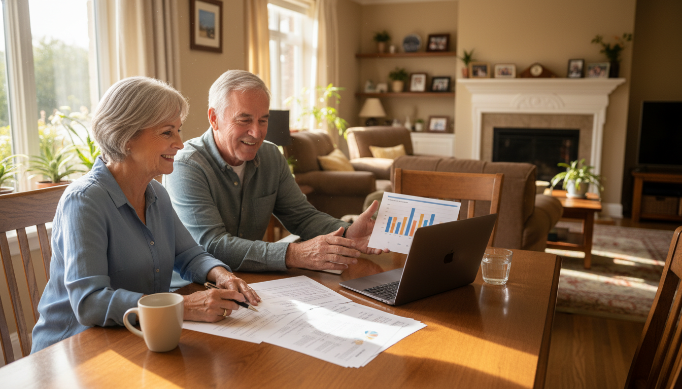 Senior couple reviewing walk-in tub financing options with a financial advisor at their kitchen table