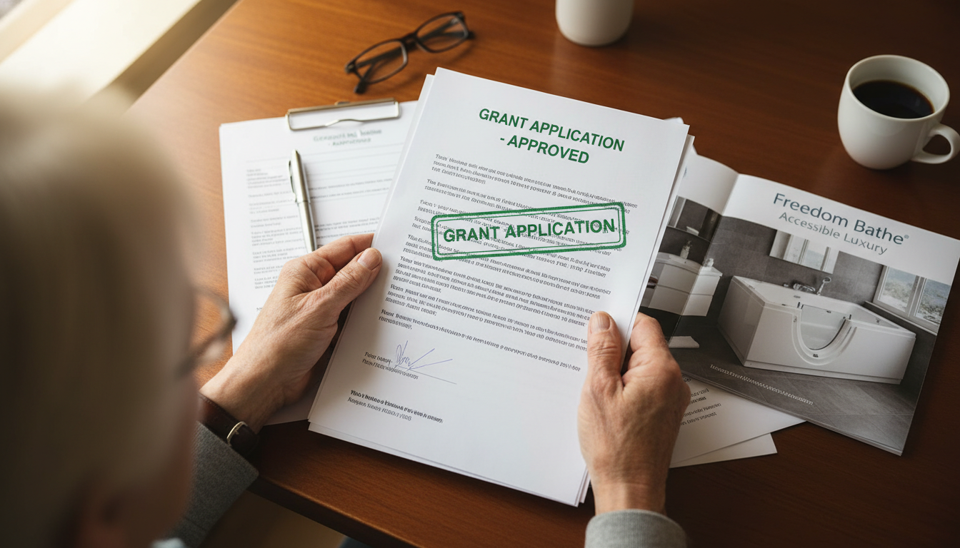 Approved grant application documents for senior home modifications on a wooden desk