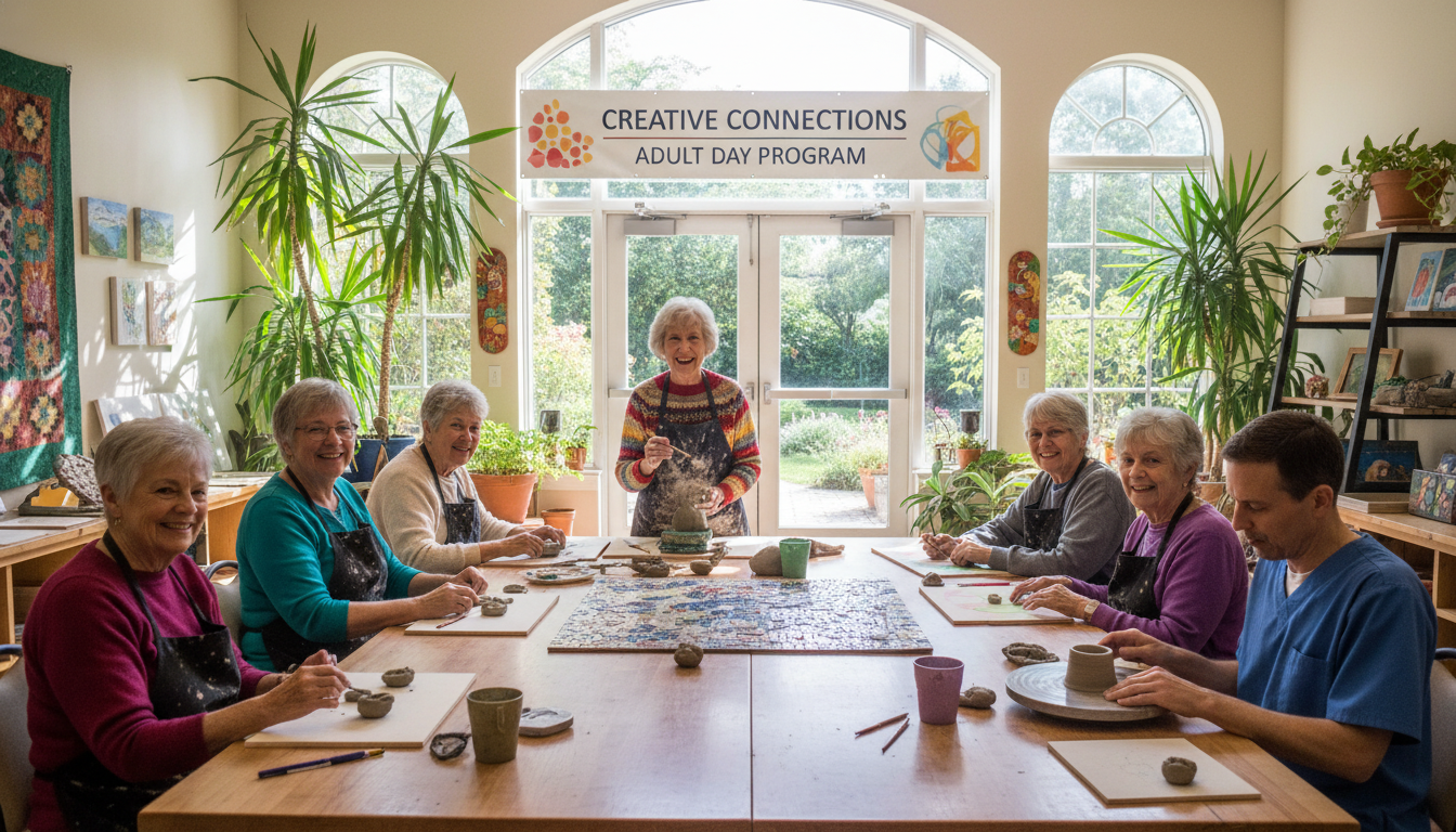Happy senior woman enjoying art activities at an adult day care program with other seniors, demonstrating an alternative to assisted living
