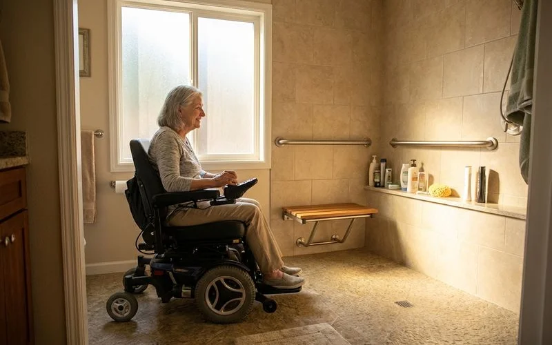 Senior woman in wheelchair approaching a barrier-free roll-in shower with grab bars and fold-down seat