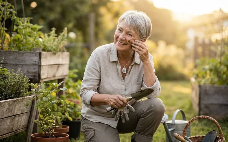 Senior woman wearing a discreet medical alert pendant while gardening outdoors showing active lifestyle with protection