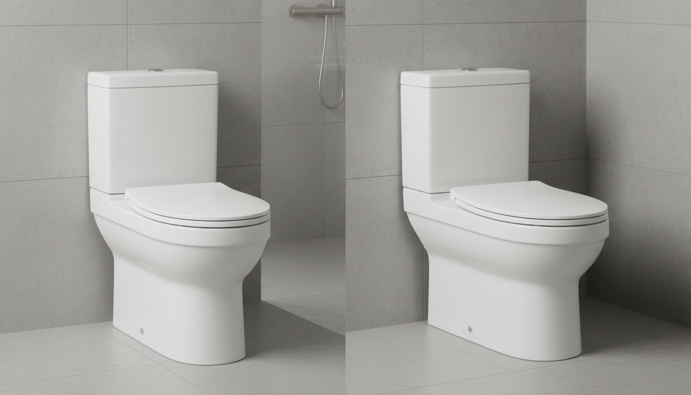 Side by side height comparison diagram showing a standard 15-inch toilet next to a comfort height 17-inch toilet