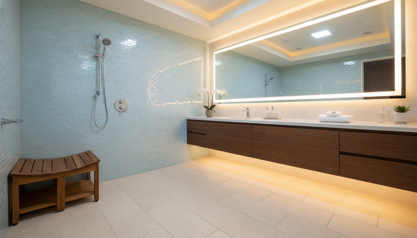Spa-like bathroom renovation for aging in place featuring a curbless walk-in shower with built-in bench, handheld shower head, and wheelchair-accessible vanity