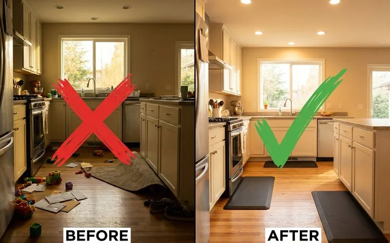 Split comparison showing dangerous cluttered kitchen versus safe kitchen with clear paths and non-slip mats