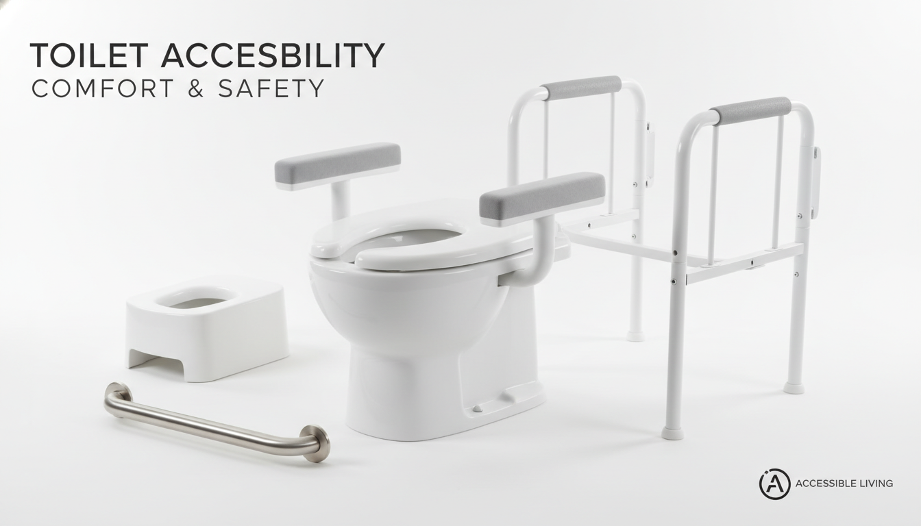 Toilet accessibility accessories including raised toilet seat with armrests, toilet safety frame, and grab bar