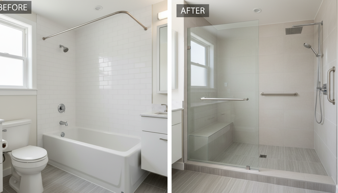 Before and after comparison of a bathtub-to-shower conversion showing a standard deep bathtub transformed into a modern curbless walk-in shower with bench seat and grab bars