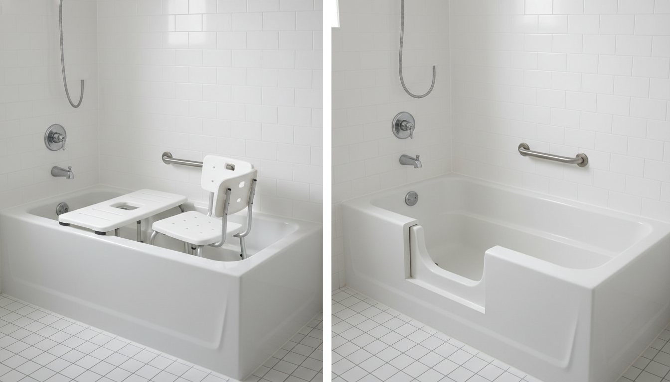 Tub transfer bench spanning bathtub wall and bathtub cut-out step-through conversion, two budget-friendly alternatives to walk-in tubs for seniors
