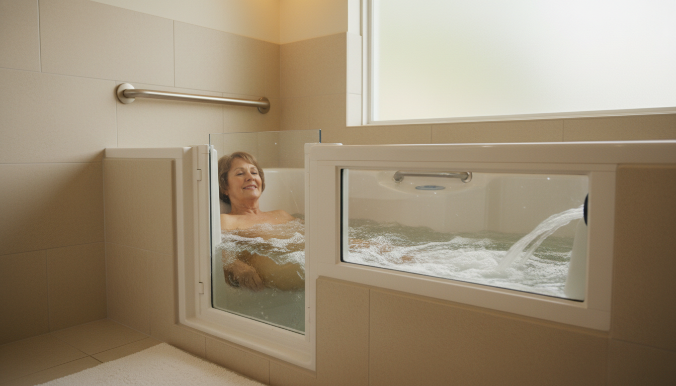 Senior woman relaxing in a walk-in tub with hydrotherapy jets