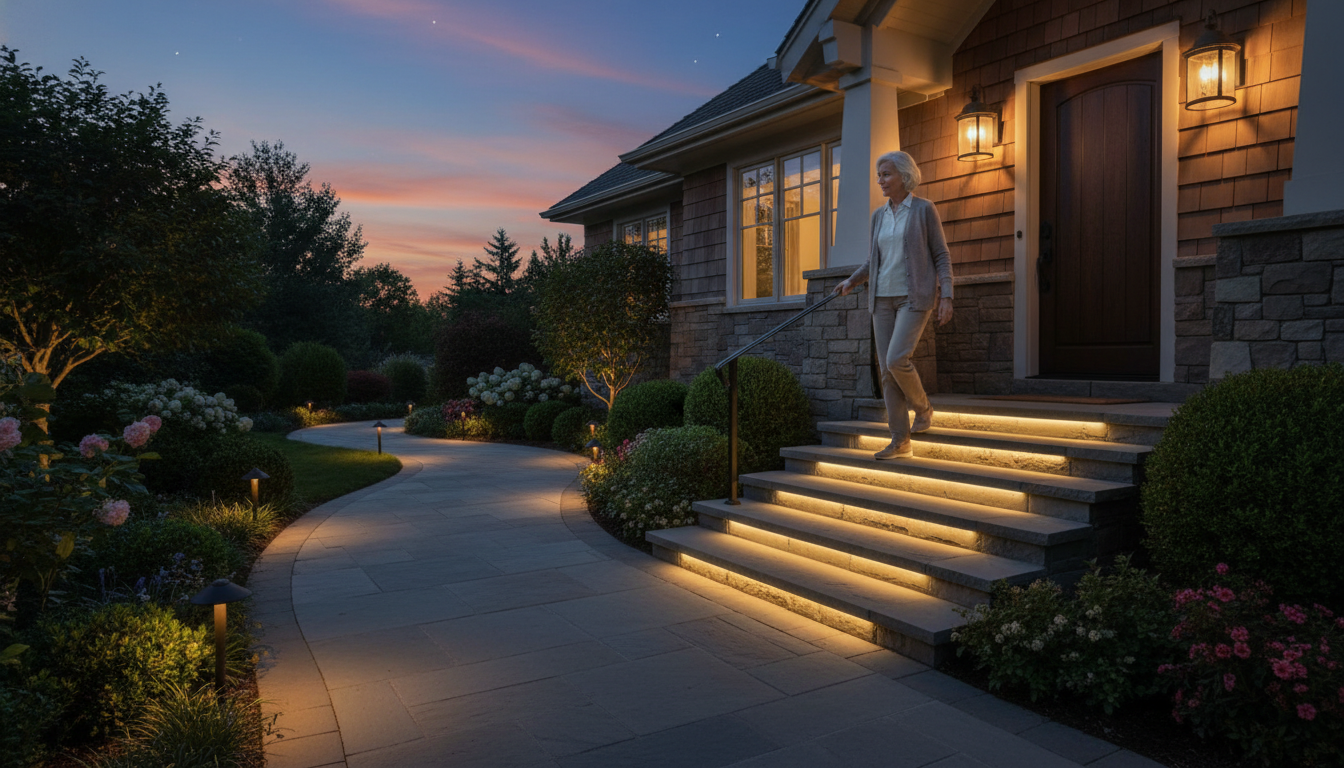 Well-lit home entrance pathway showing motion sensor lights, step lighting, and a clearly illuminated front door area